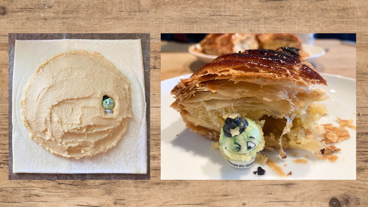 ガレット・デ・ロワをカットした断面。中のフランジパンとフェーヴが見える手作りガレット